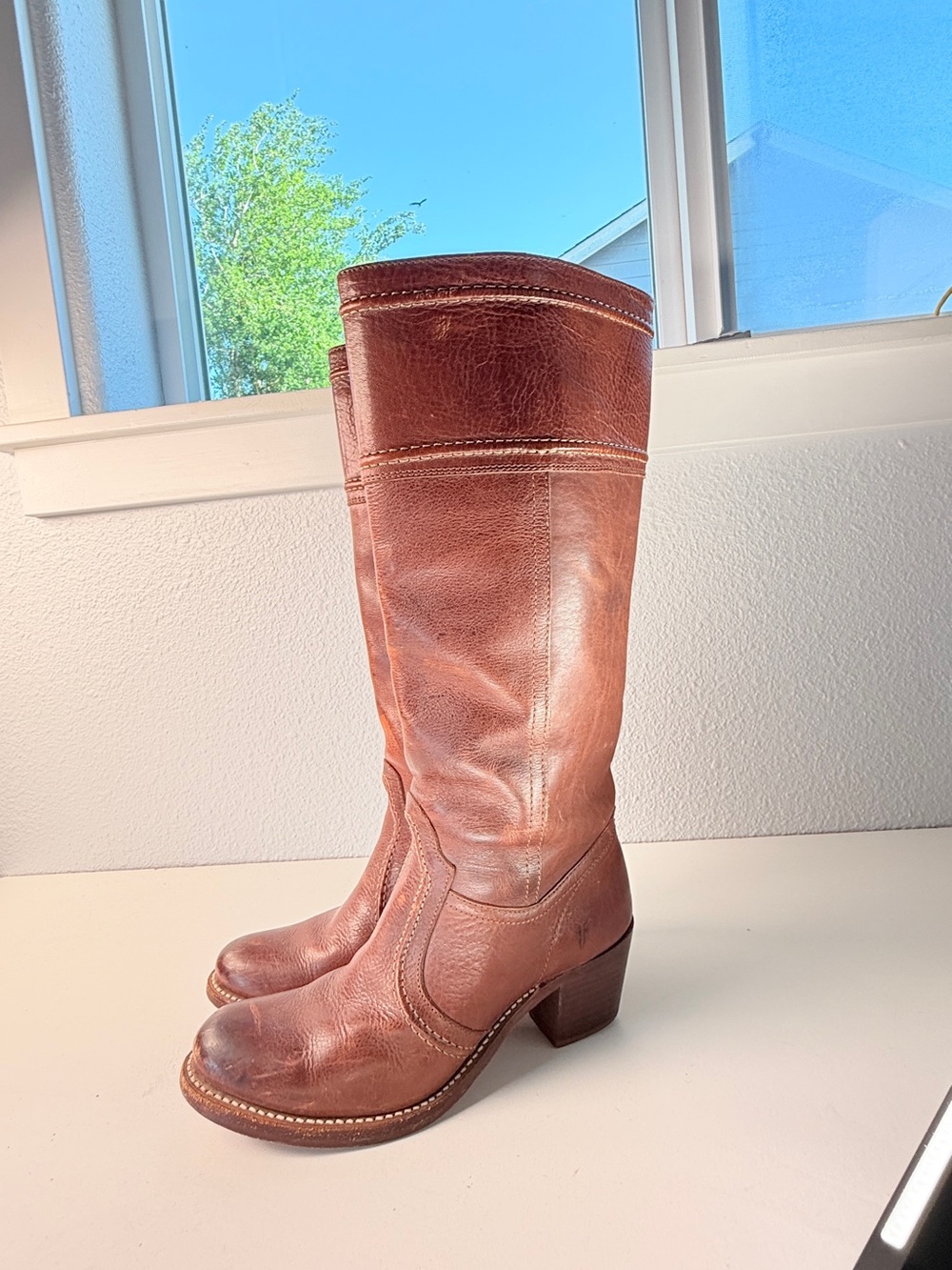 Frye Jane Stitch Tall Leather Knee High Boots Cognac Brown 7 vintage boots
